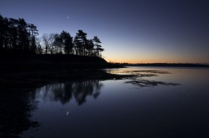 Venus and Saturn, reflected in the early morning rays on the water at Googins Island, Wolfe&rsquo;s Neck State Park, Freeport, Maine