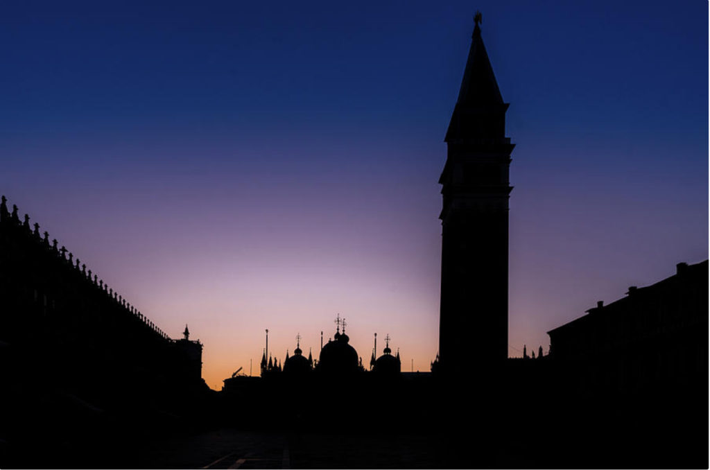 Silhouette of St Mark’s Basilica, Piazza San Marcos, Venice, Italy