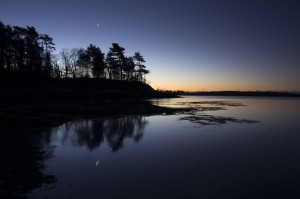 Venus and Saturn, reflected in the early morning rays on the water at Googins Island, Wolfe’s Neck State Park, Freeport, Maine