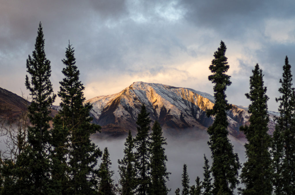 Sunrise kisses the mountain peak, as it rises out of the fog.